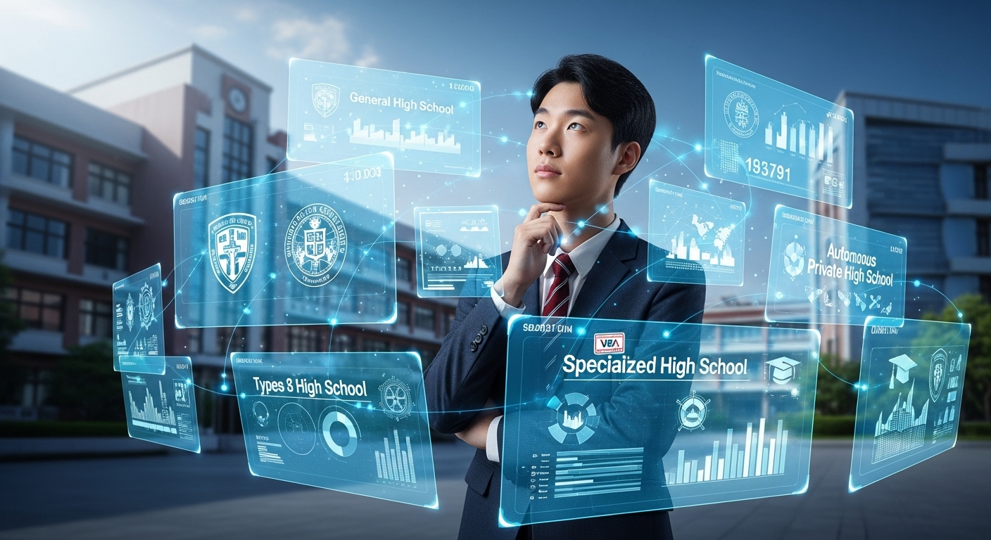 미래지향적인 공간에서 고등학교 유형별 입시 데이터를 분석하며 진학을 고민하는 학생의 모습