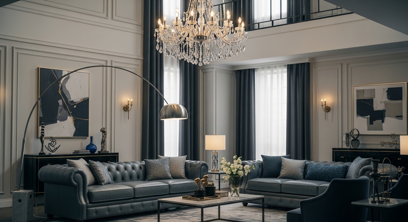 드라마 '화려한 날들' 속 회장님 댁 거실의 럭셔리한 모습, 고급스러운 블루-그레이 가죽 소파와 크리스탈 샹들리에, 명품 플로어 램프가 조화를 이루는 세련된 인테리어.
