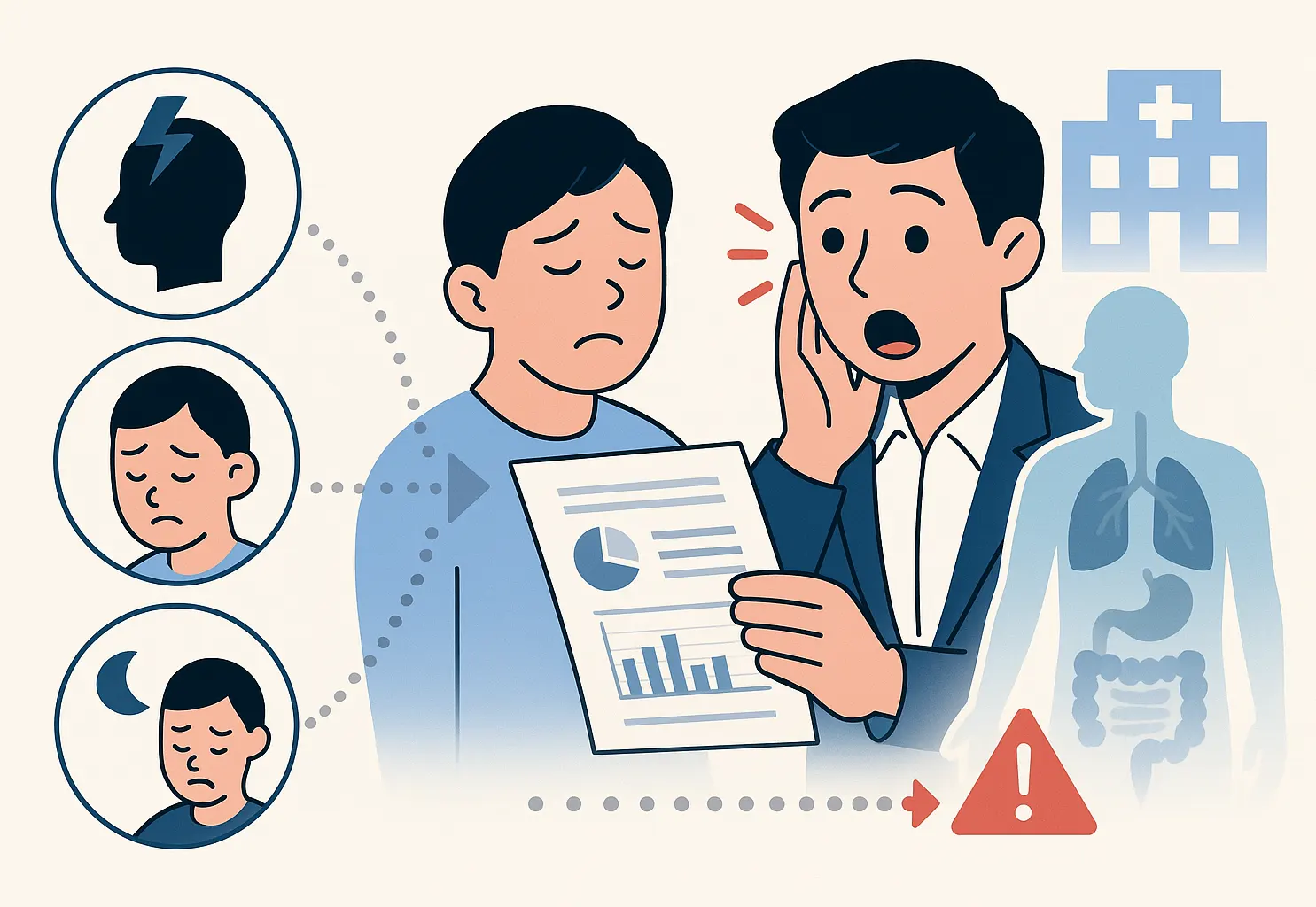 스트레스, 피로, 불규칙한 생활습관 아이콘과 함께 건강검진 결과지를 보고 놀라는 사람, ‘무증상 진행’을 강조