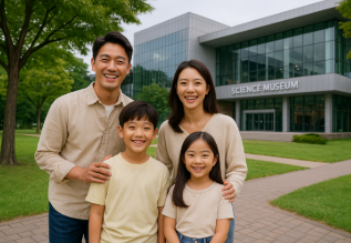 과학관 앞에서 기념 촬영하고 있는 가족 모습