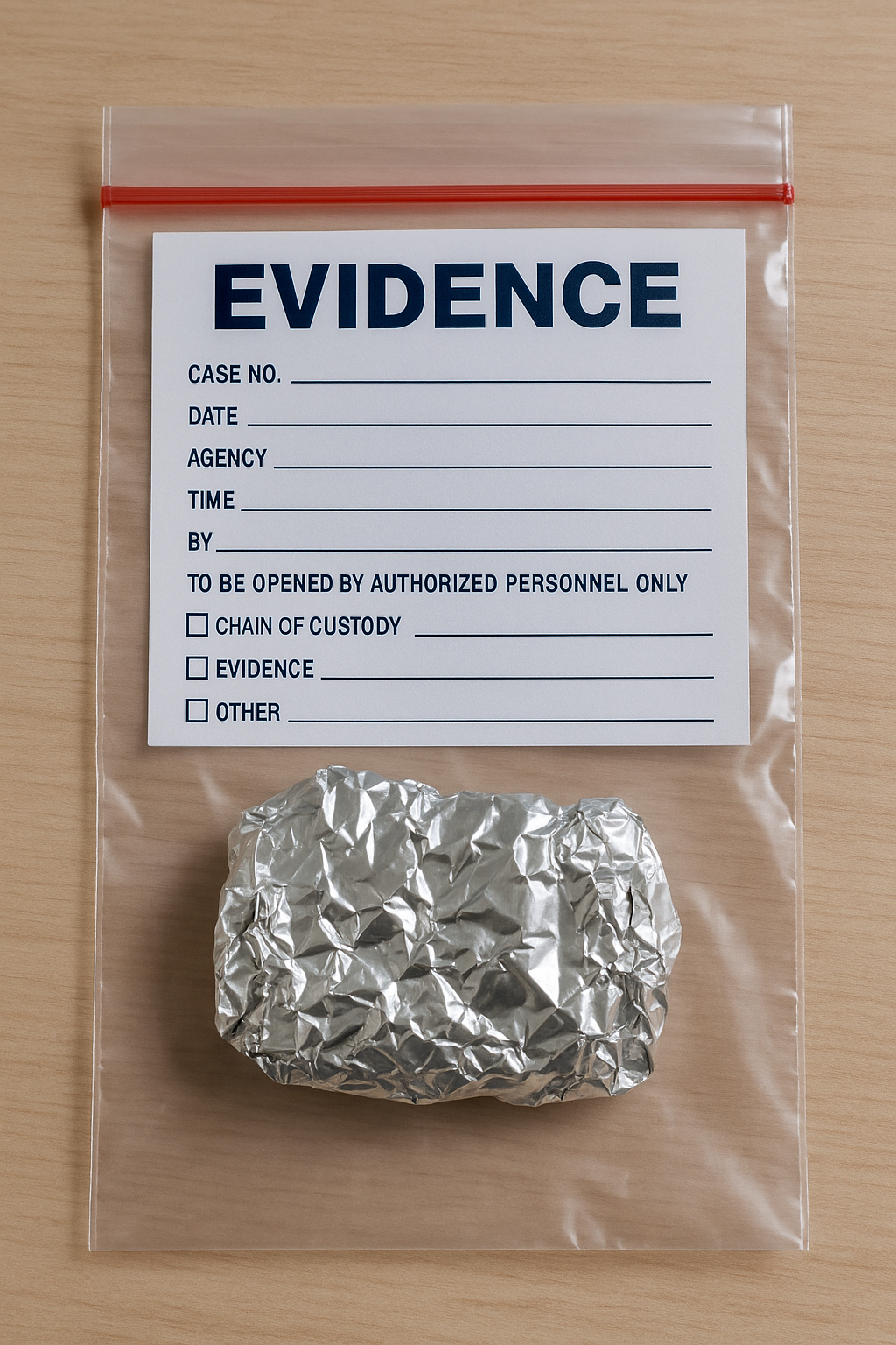 알루미늄 호일로 감싼 추적기 의심 물체를 지퍼백에 보관한 증거 보존 예시