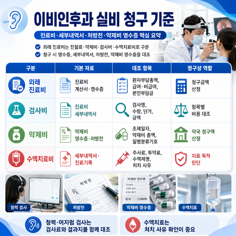 이비인후과 외래 진료비, 검사비, 약제비, 수액치료비의 실비 청구 자료와 대조 항목 안내