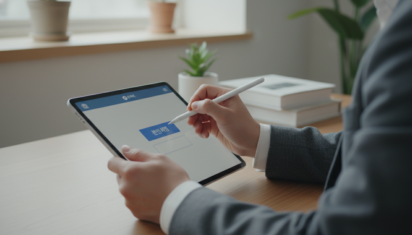 태블릿으로 전자본인서명확인서를 발급받는 한국인 사용자