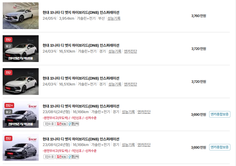 현대 쏘나타 중고차 가격 시세표 유지비