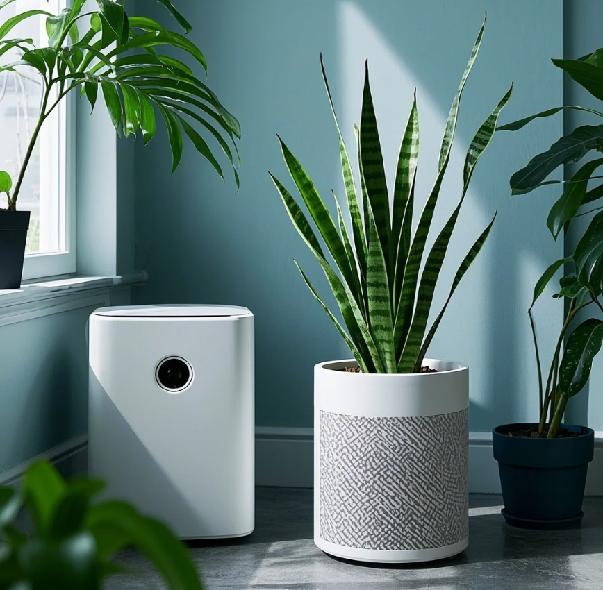 공기청정기와 식물이 있는 집