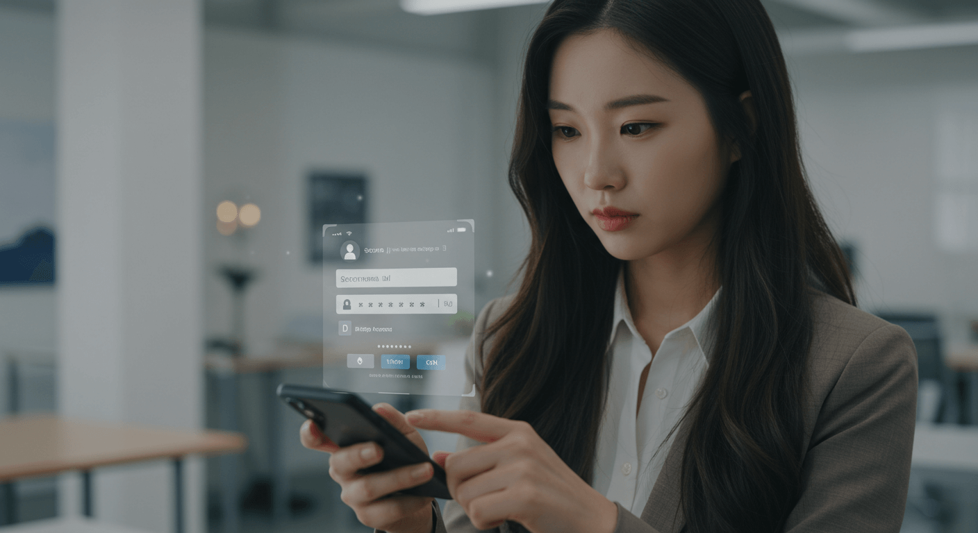 여성이 안전하게 회원가입 절차를 진행하는 장면 1