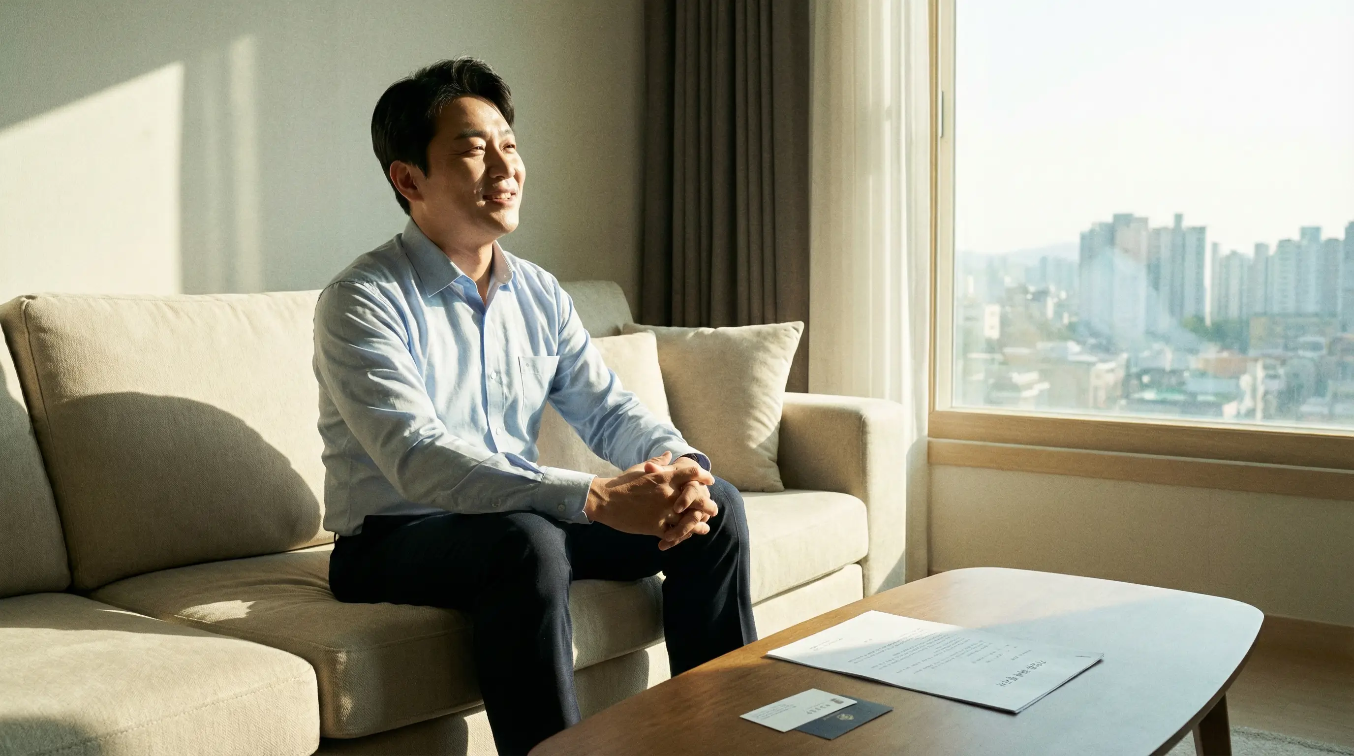 법률 전문가와 상담하여 가압류를 해결하고 평온한 일상을 되찾은 직장인의 안도하는 모습