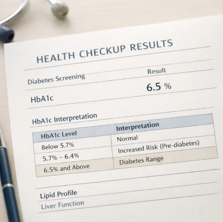 건강검진 결과지에서 당화혈색소(HbA1c) 6.5%가 표시된 당뇨병 진단 기준 예시