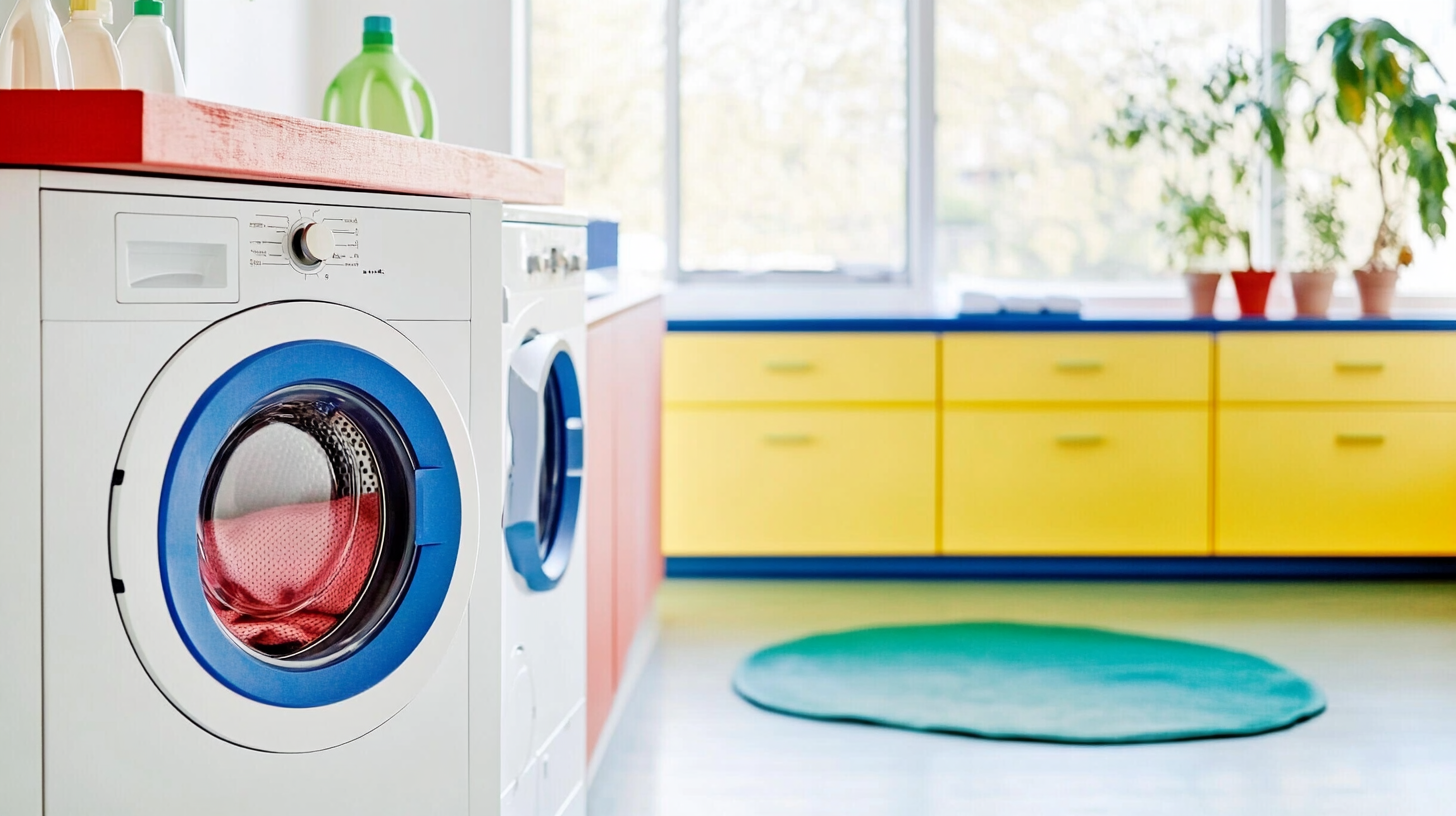 위생과 디자인을 중시한 고용량 세탁기와 건조기를 갖춘 넓은 세탁실, 밝고 시원한 분위기를 강조