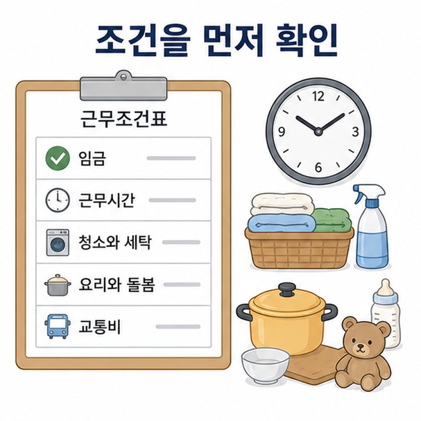 가사도우미 일을 시작하기 전에 임금과 근무시간, 청소와 세탁, 요리와 돌봄 등 실제 업무 범위를 확인하는 모습을 정리한 이미지