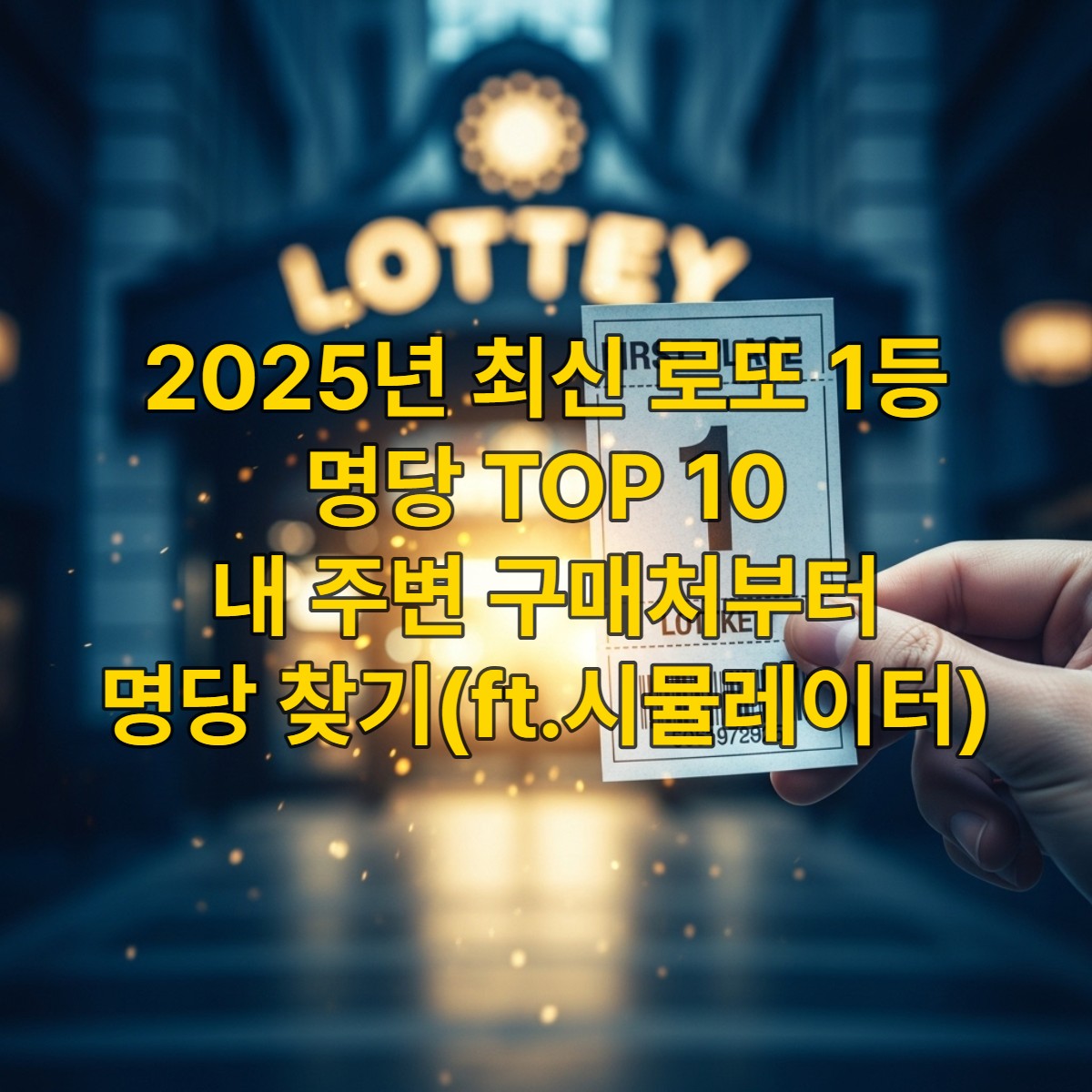 희망찬 표정을 짓는 사람이 로또 1등 당첨 티켓을 들고 있는 모습. 도시의 로또 판매점 앞 풍경이 배경으로 보이며, 당첨의 기쁨을 암시하는 밝은 빛이 감돈다.