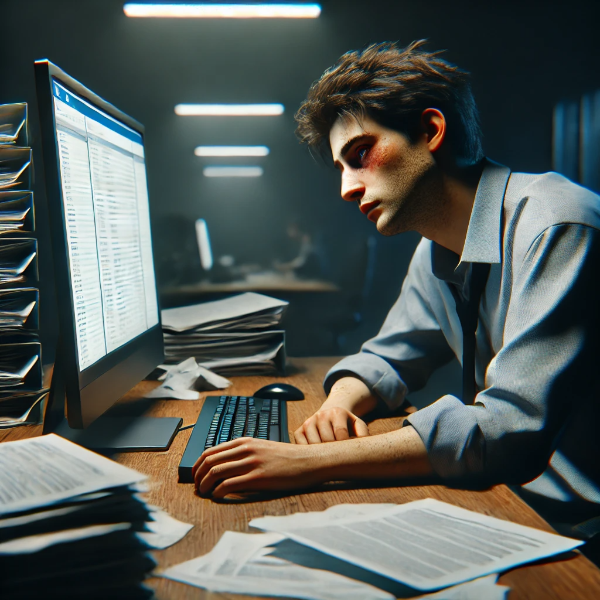 직장에서 과로로 인해 번아웃된 직장인이 책상에 앉아 피로한 모습