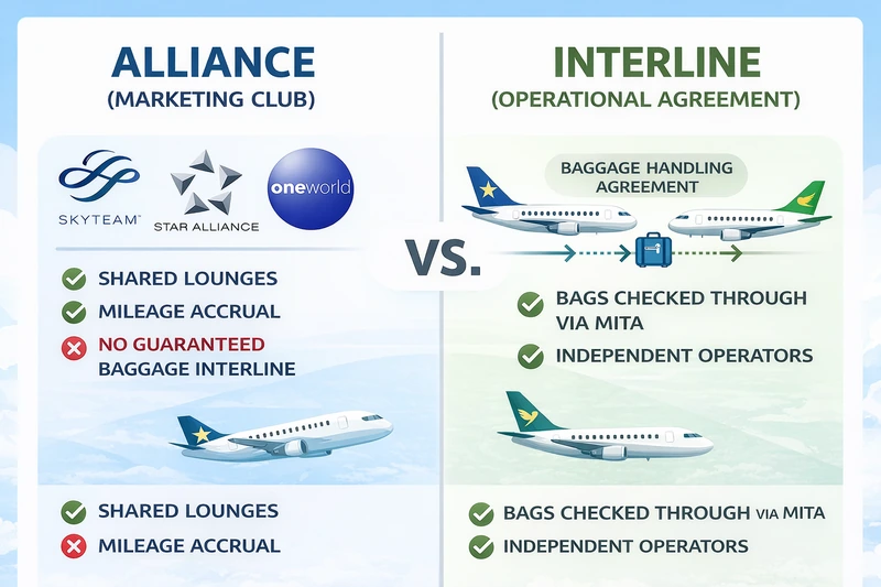 항공사 얼라이언스와 인터라인 계약의 차이를 비교한 인포그래픽. 왼쪽에는 스카이팀, 스타얼라이언스, 원월드 등 얼라이언스 개념과 라운지 공유, 마일리지 적립 특징이 정리되어 있고, 오른쪽에는 서로 다른 항공사 간 수하물 연계 운송과 MITA 기반 인터라인 계약 개념이 비행기와 수하물 아이콘으로 설명되어 있다.