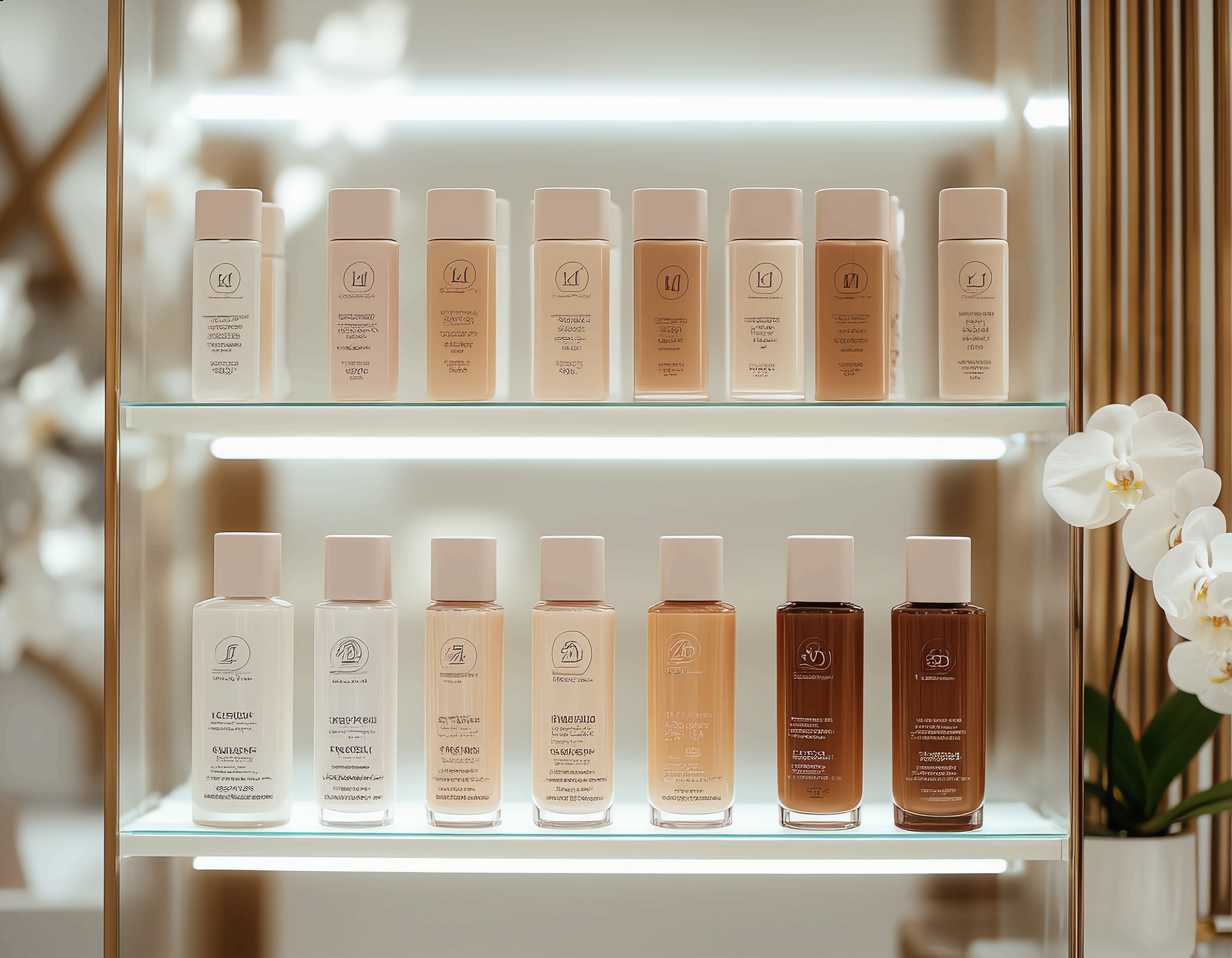 스킨케어 제품(클렌저, 토너, 앰플, 크림, 선크림)이 깔끔하게 놓여있는 모습