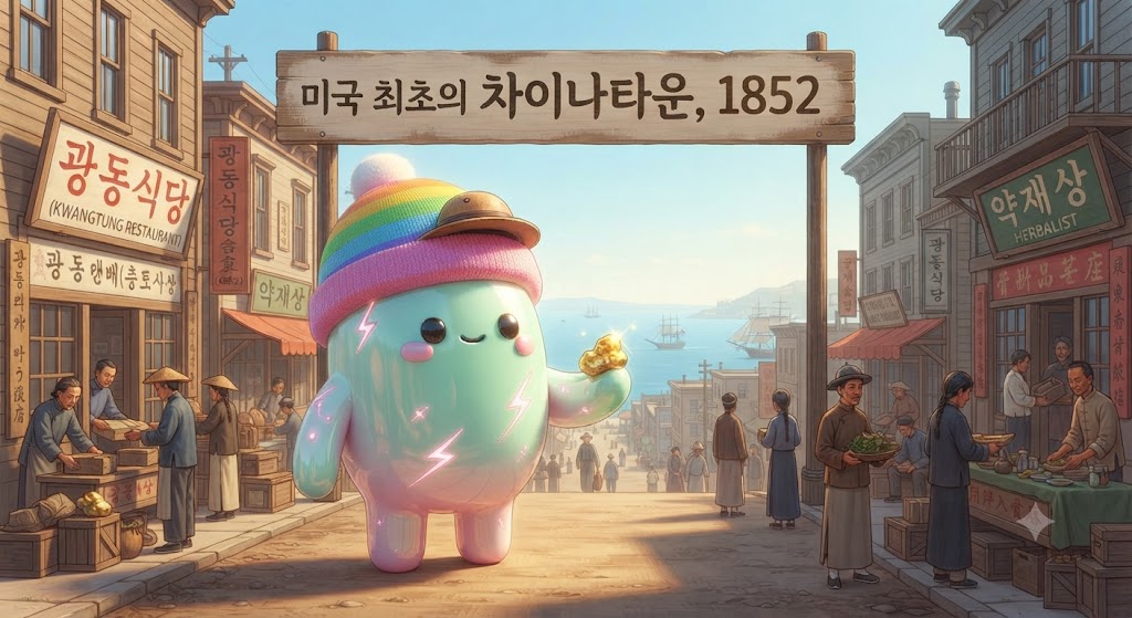 쫀쿠 캐릭터가 1852년 샌프란시스코의 그랜트 애비뉴(Grant Avenue) 한복판에 서 있습니다. 쫀쿠는 여행자 모자를 쓰고 있으며, 한 손에는 '금산(金山)'이라고 적힌 작은 황금 덩어리를, 다른 한 손으로는 막 세워지기 시작한 중국어 간판의 광둥식 식당과 약재상을 가리키고 있습니다. 거리에는 갓 도착한 광둥성 타이산 출신의 이민자들이 분주하게 오가고 있고, 미국 최초의 차이나타운이 활기차게 형성되는 모습이 펼쳐집니다.