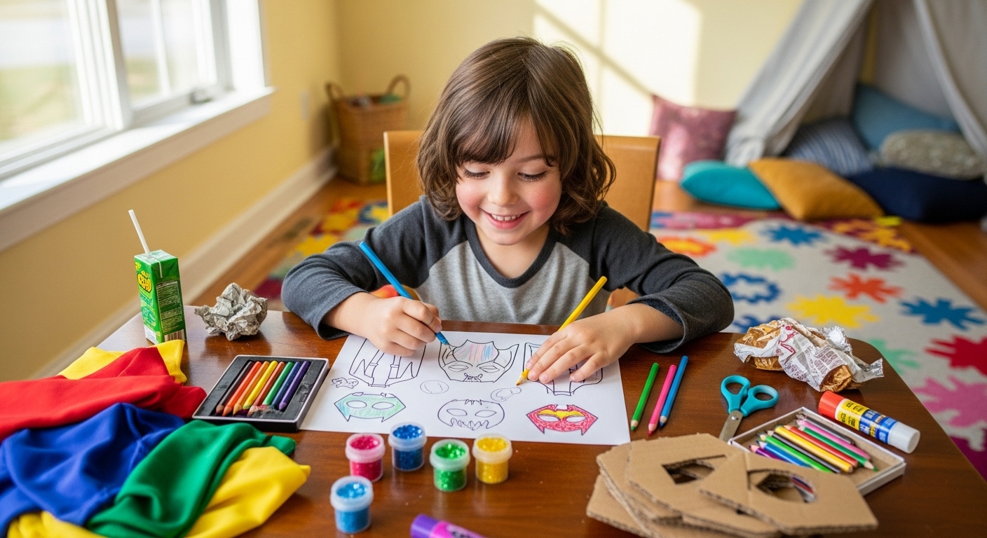 6~7세 정도의 어린이가 슈퍼히어로 의상 디자인을 스케치하며 창의적으로 몰두하고 있는 모습. 테이블 위에는 다양한 공예 재료들이 놓여 있다.