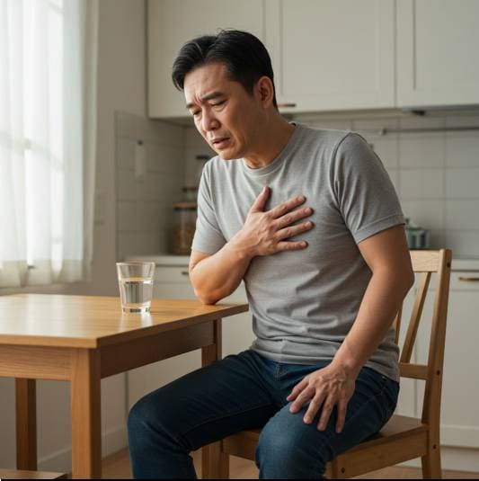 길경 효능 면역력 강화, 가슴 통증이 있는 중년 남성 사진