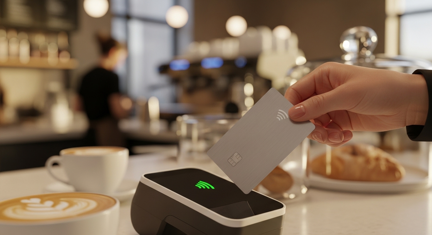 깔끔한 카페에서 신용카드로 소액 결제하는 손의 모습, 현명한 신용카드 사용을 상징합니다.