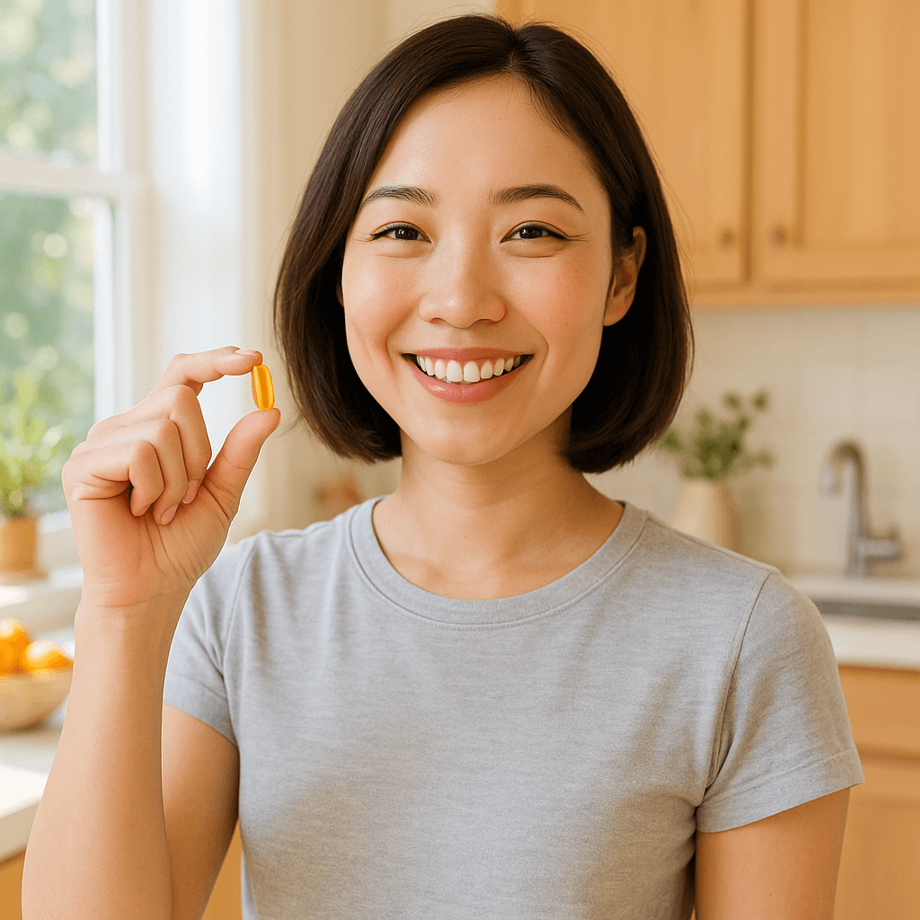 하루 한 알 종합비타민을 손에 들고 미소 짓는 단발머리 여성(출처**자체제작)