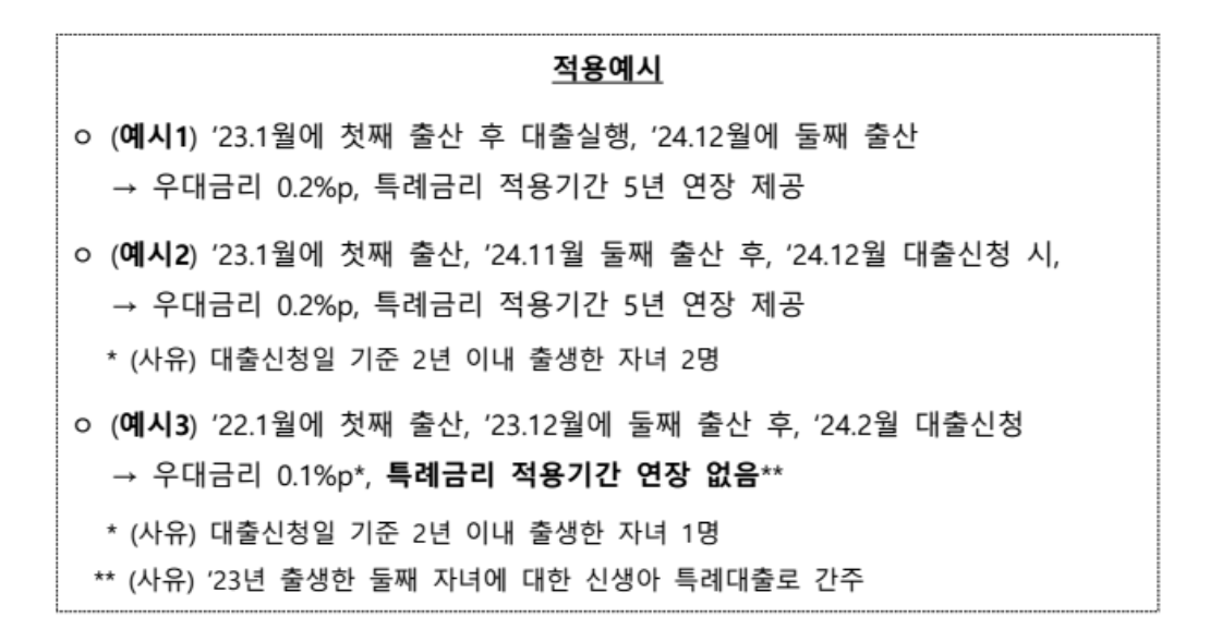 신생아특례대출 2자녀 이상인 경우 적용예시