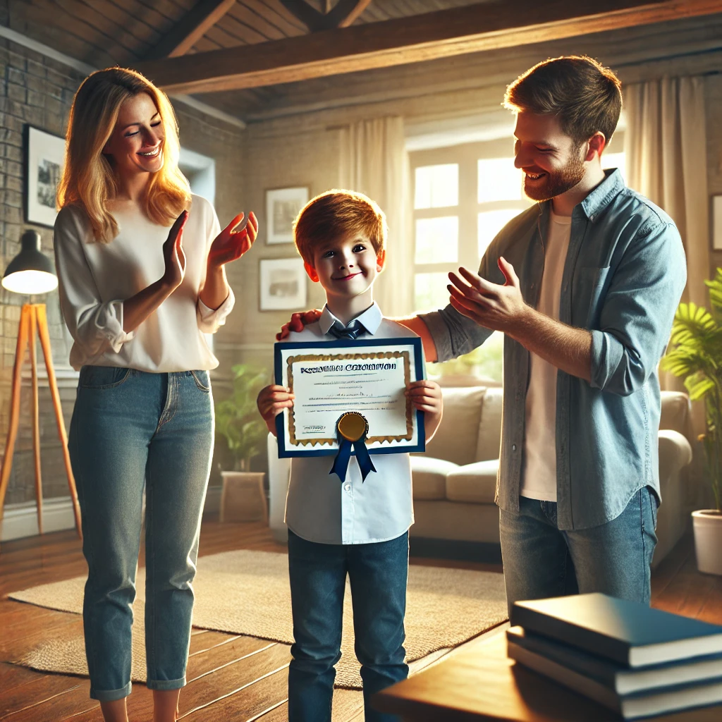 거실에서 아이의 학업 성취를 축하하는 가족의 모습. 아이는 증명서를 들고 있고 부모는 미소를 지으며 박수를 치며 따뜻하고 축하하는 분위기를 연출