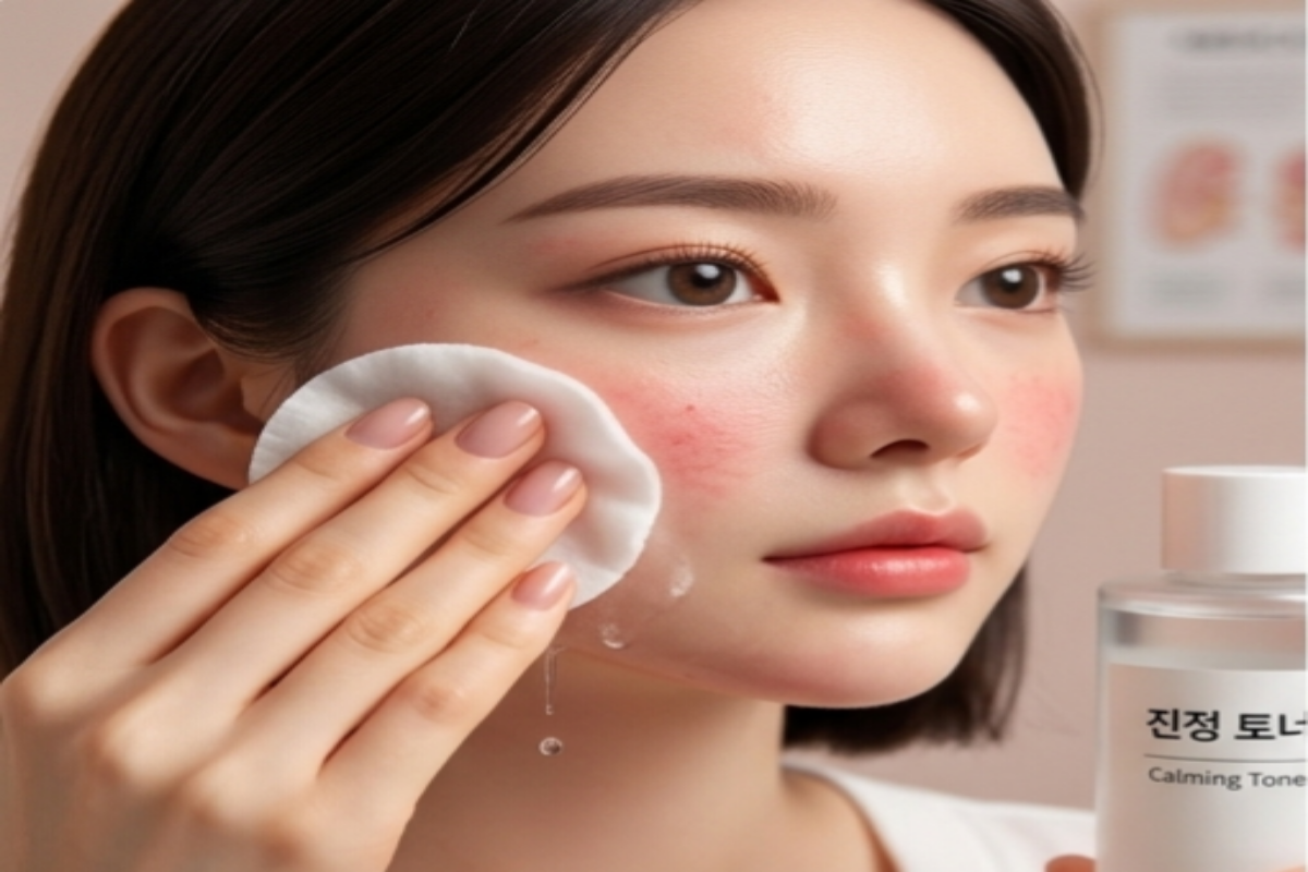 붉어진 뺨 홍조 부위에 진정 토너 패드로 쿨링 팩을 진행하는 모습
