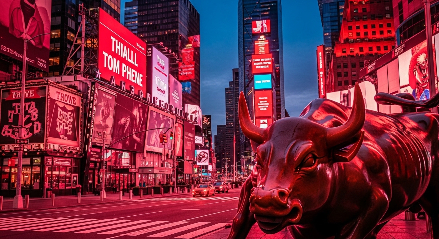 New York Times Square billboards turned red and the Wall Street Bull looking at them with a worried expression.
