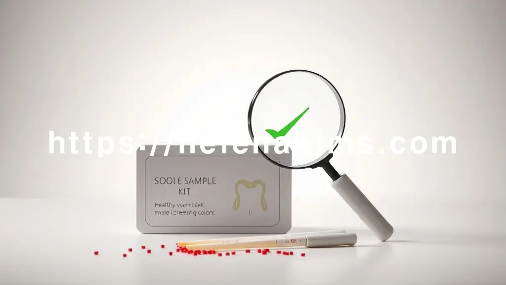 정갈하게 놓인 대변 검사 키트, 키트 옆에는 눈에 보이지 않는 미세한 혈액을 상징하듯, 작은 붉은색 점들이 확대되어 보이도록 돋보기가 놓여 있는 이미지.