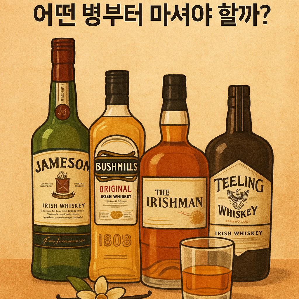 임슨, 부시밀스, 더 아이리시맨, 텔링 위스키 병과 잔이 나란히 놓인 감성적인 입문자용 일러스트