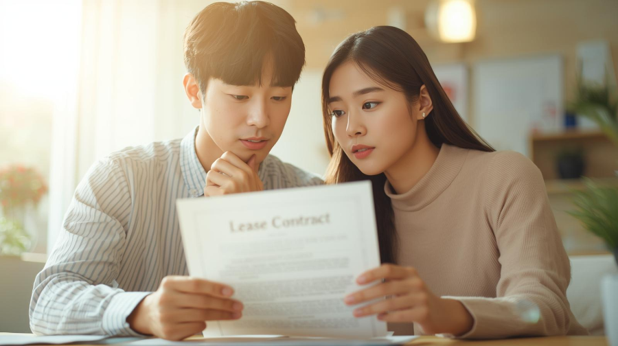 젊은 부부가 전세 계약을 고려하는 현실적 장면