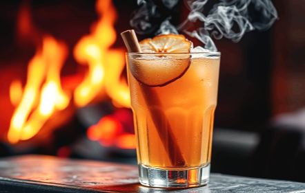 김이 모락모락 나는 투명한 유리잔에 담긴 스파이스드 애플 진저 칵테일. 시나몬 스틱과 말린 사과 슬라이스가 올려져 있고, 뒤편에는 모닥불이나 벽난로가 흐릿하게 보입니다.