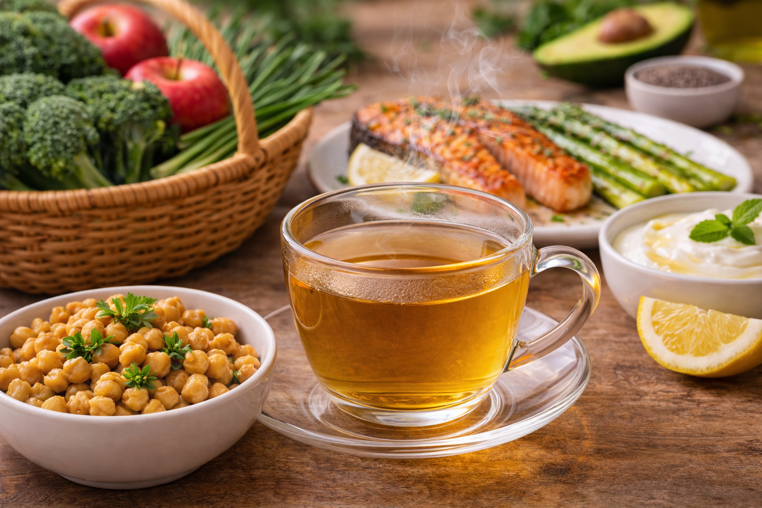 따뜻한 차와 채소 위주의 건강 식단이 정갈하게 차려진 사진