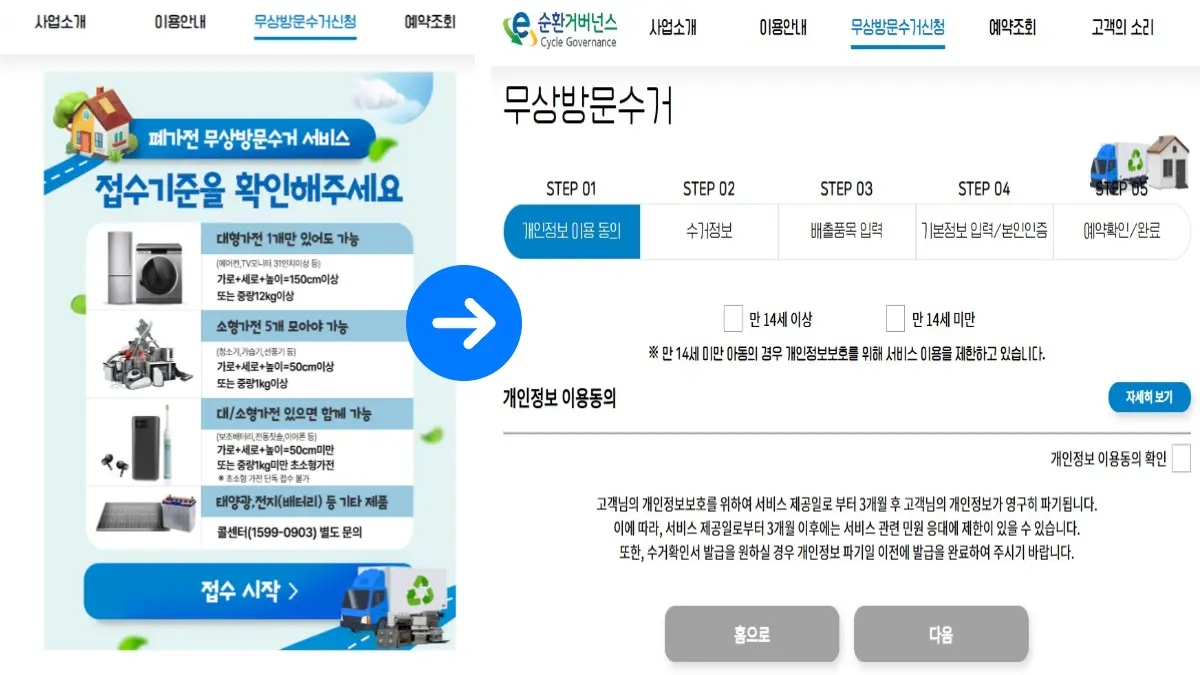 폐가전 무상방문수거 접수 화면