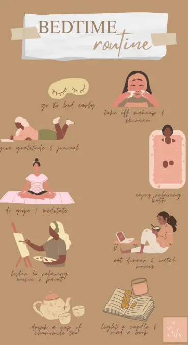 감정 회복을 돕는 저녁 루틴과 수면 습관을 보여주는 일러스트