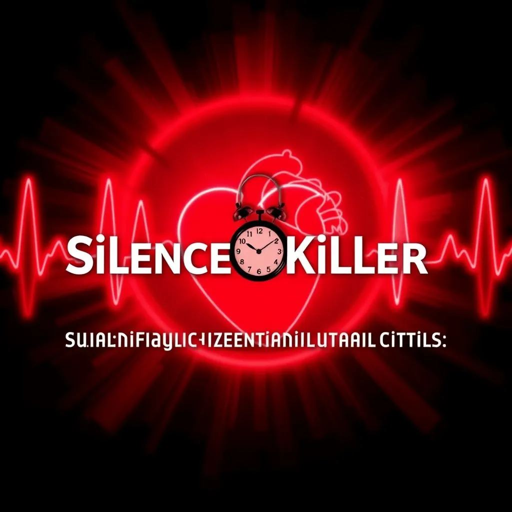 심장 주변에 붉은색의 경고등이 깜빡이는 추상적인 배경 위에, 'Silence Killer: Myocardial Infarction Warning'이라는 문구가 타이포그래피 형태로 삽입되어 있습니다. 긴급성을 나타내는 시계 또는 모니터의 심전도 파형이 살짝 비치는 느낌으로 디자인해 주세요.