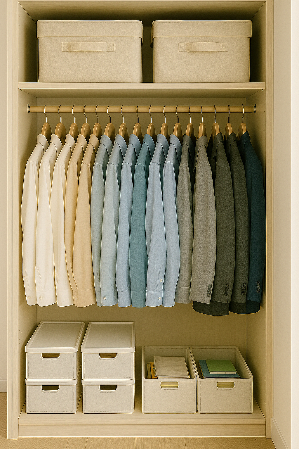 계절별로 정리된 옷장과 같은 방향으로 정돈된 옷걸이