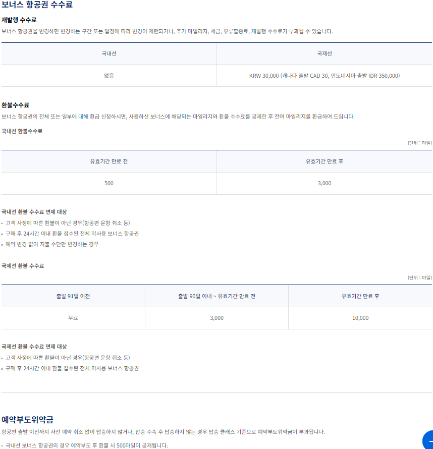 대한항공 마일리지 사용 보너스 항공권 변경 및 환불 수수료