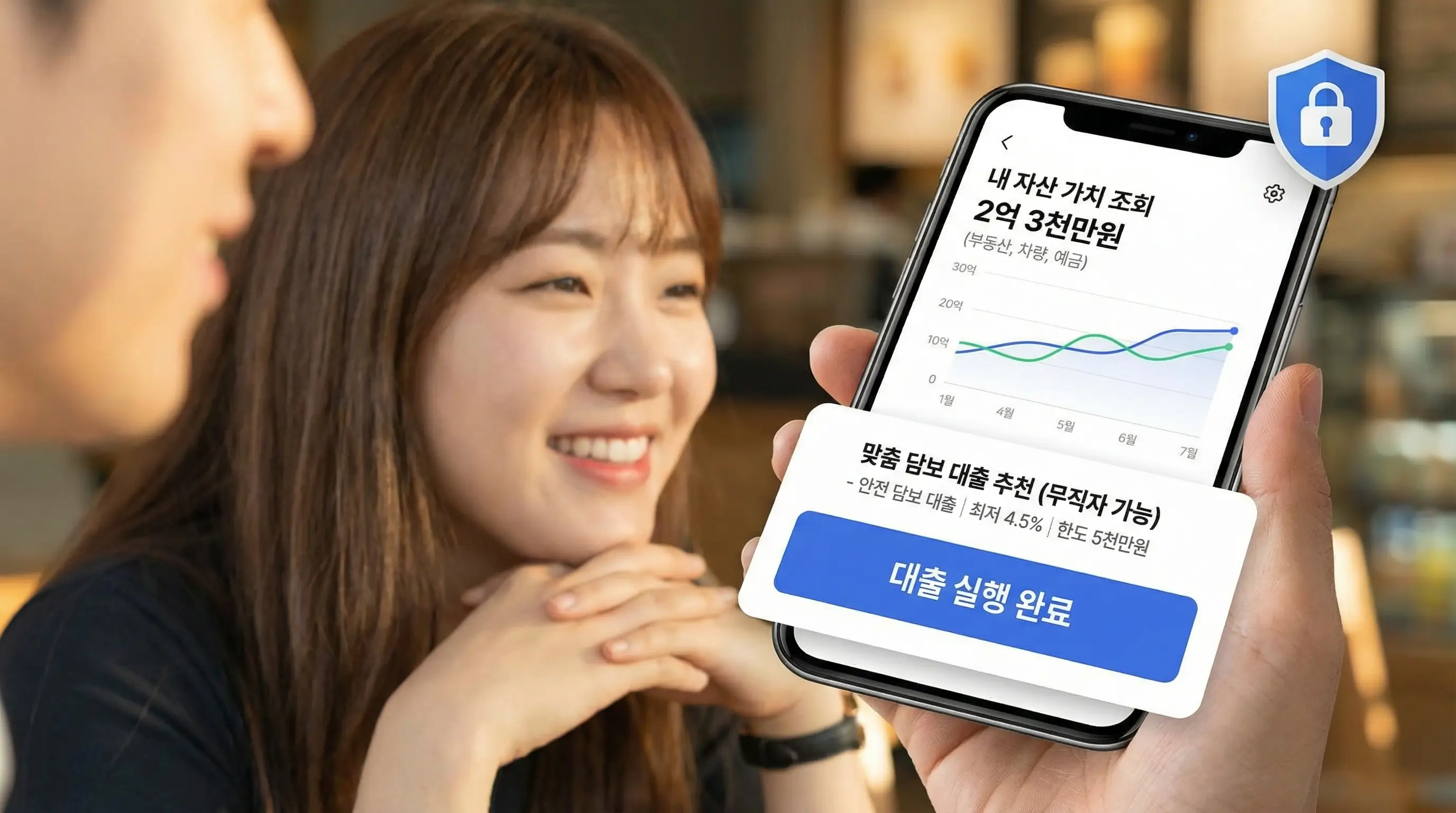 스마트폰 대출 비교 앱으로 내 명의의 자산 가치를 조회하고 안전하게 무직자 담보 대출을 실행하는 모습