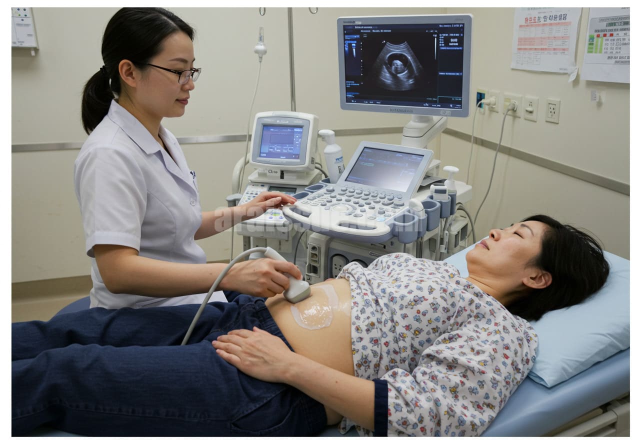 40대 여성 초음파 검사 받는 장면 병원에서 의료진이 기계를 조작하는 모습