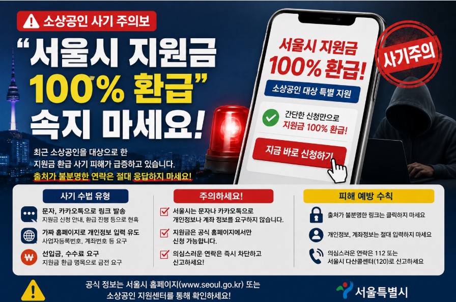 소상공인을 대상으로 한 지원금 환급 사기에 속지 말라는 캠페인용 포스터