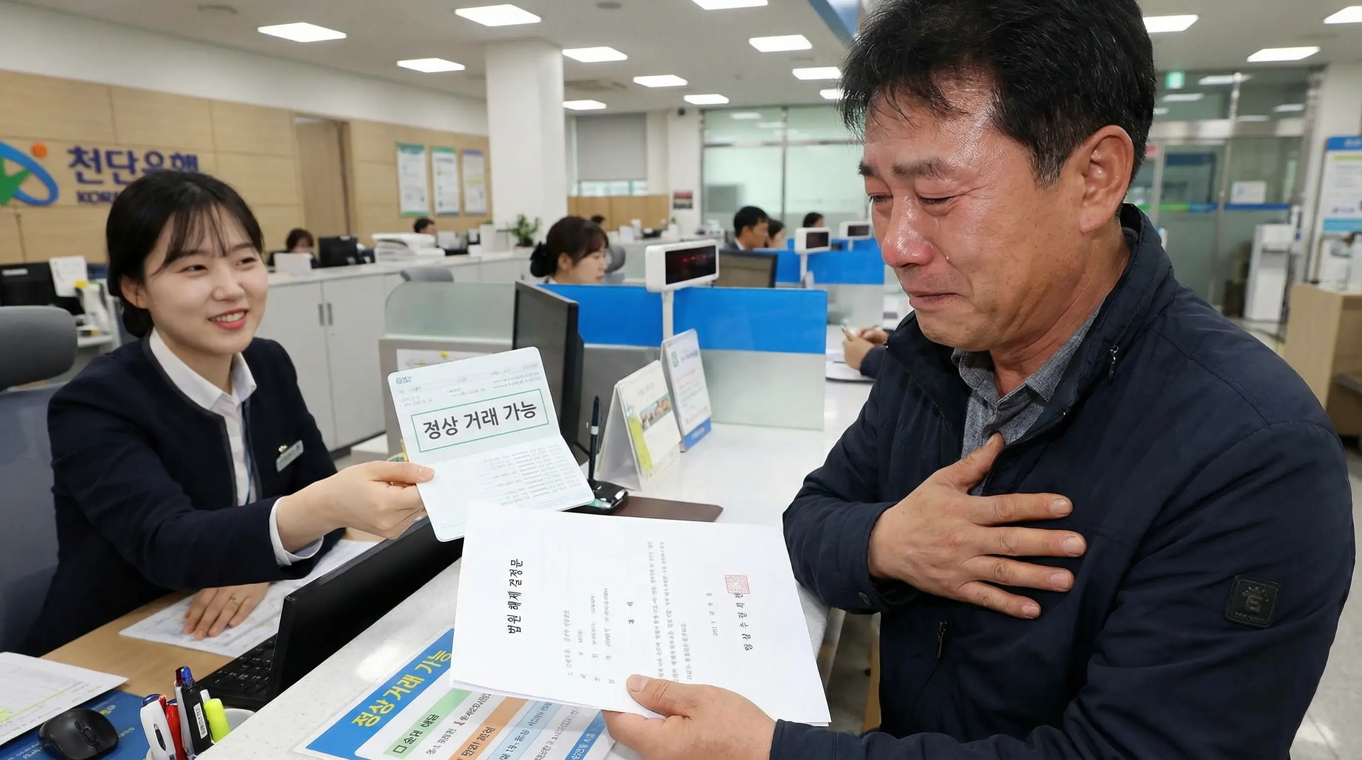 법원의 해제 결정문을 은행에 제출하고 다시 정상적으로 거래가 가능해진 통장을 보며 안도하는 모습
