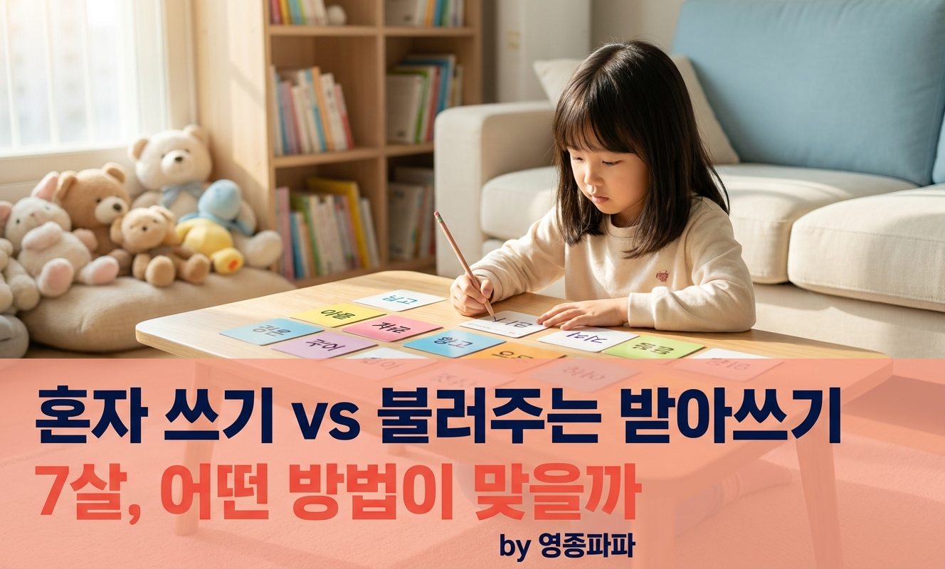 거실 테이블에서 낱말카드 보는 아이