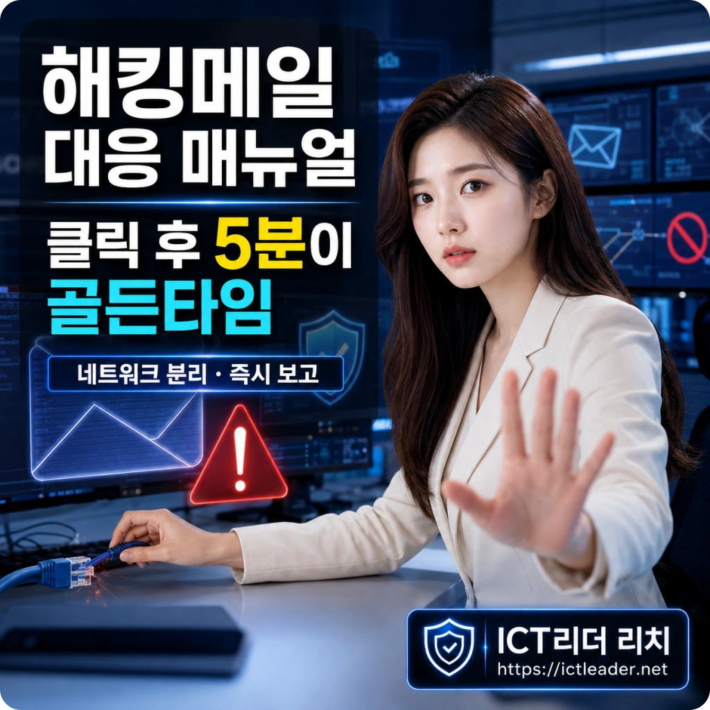 해킹메일 클릭 후 5분 골든타임과 네트워크 분리 및 즉시 보고를 안내하는 여성 대표 썸네일