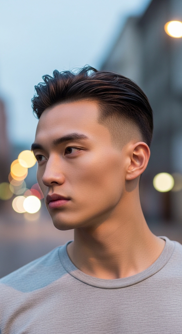 이마를 시원하게 드러내면서 양옆을 트렌디하게 떨어뜨린 짧고 스포티한 드롭컷 스타일의 남성 모델