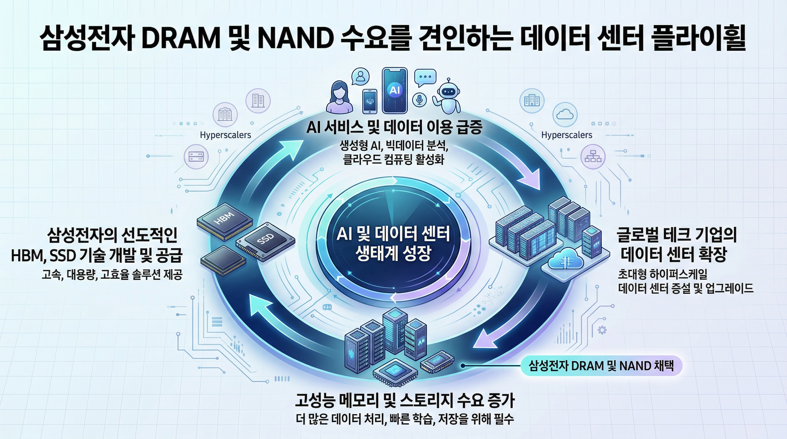 데이터센터 증설이 어떻게 삼성전자의 D램과 낸드 수요로 직결되는지 보여주는 '수요 플라이휠' 다이어그램