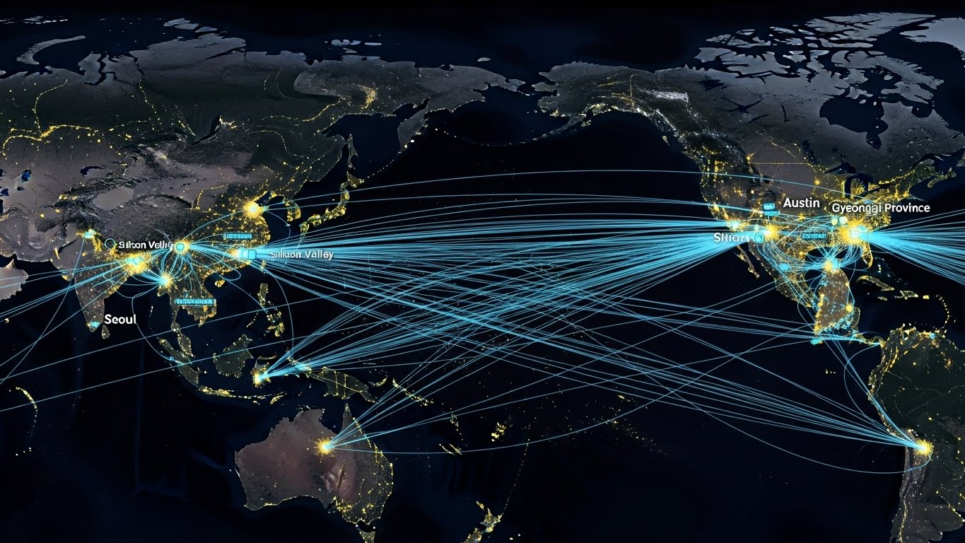 A map connecting USA and South Korea with glowing data lines, symbolizing semiconductor supply chain impact.