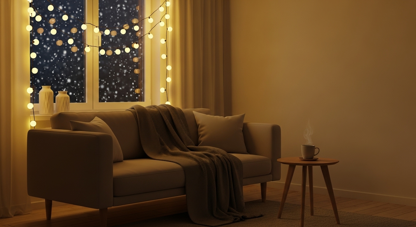 창밖으로 눈이 내리는 저녁, 따뜻한 조명과 담요가 있는 아늑한 거실에서 휴식하는 모습.
