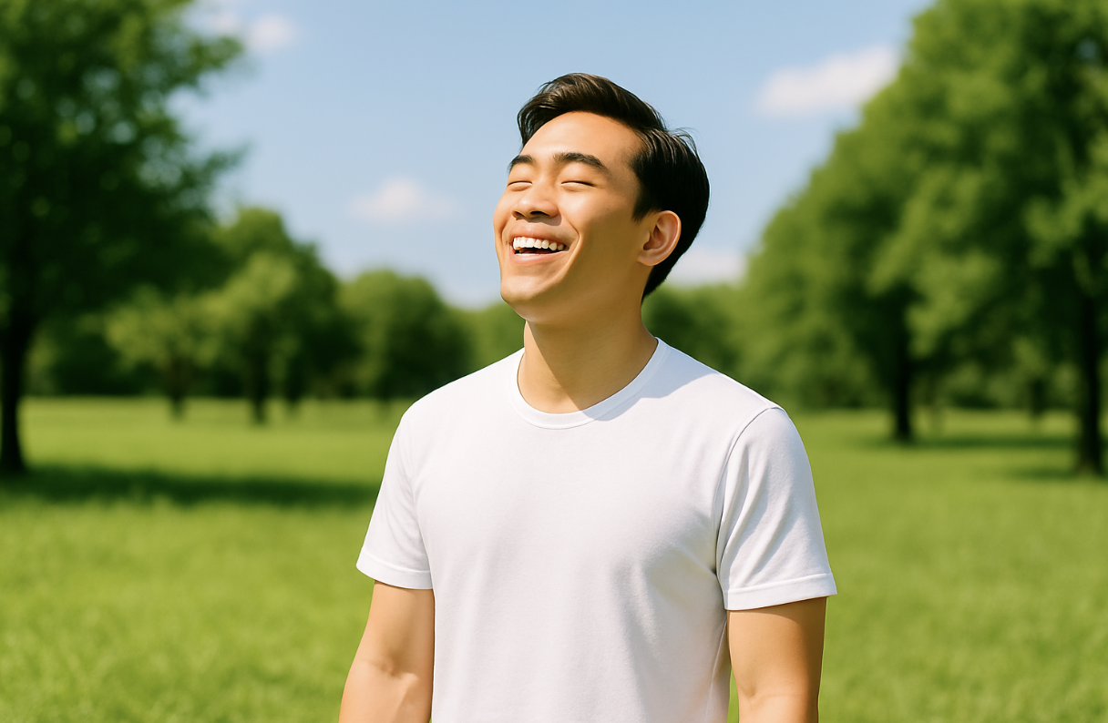 푸른 공원에서 눈을 감고 미소 지으며 상쾌하게 숨 쉬는 남성