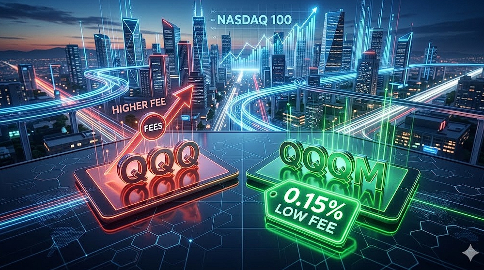 미래 지향적인 디지털 테크 배경 위에 QQQ와 QQQM의 로고가 배치되어 있고, '수수료 절감(Low Fee)'과 '장기 수익률 극대화'를 상징하는 화살표가 우상향하는 3D 이미지