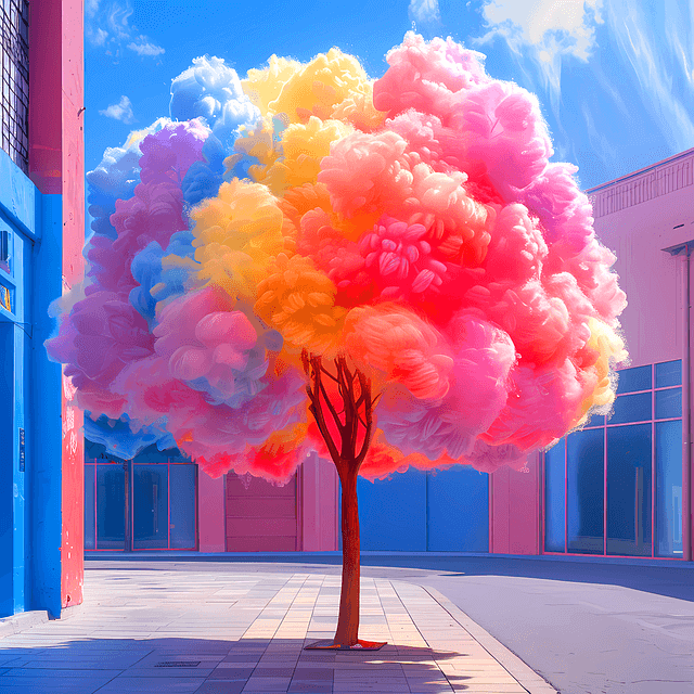 인도에 큰 나무가 있고 그늘이 져있다. 잎은 분홍색, 보라색, 하늘색, 노란색이 섞인 풍성한 나무다.